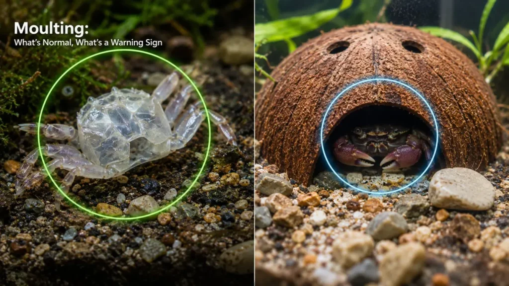 A side-by-side comparison of a red claw crab molting cycle, showing a translucent discarded empty exoskeleton on the left and a red claw crab hiding safely inside a coconut shell cave on the right.