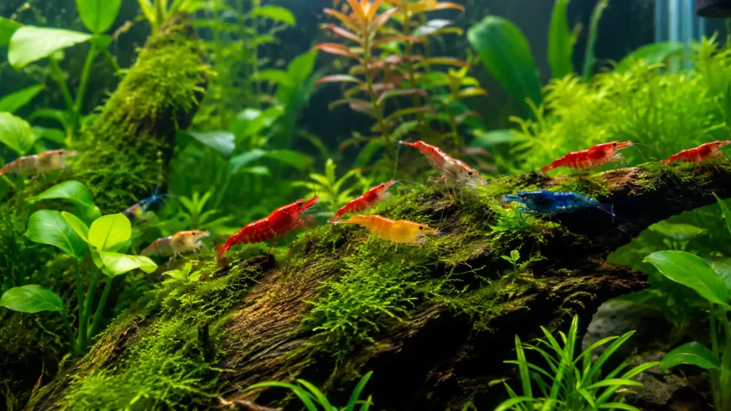 Java moss and anubias providing hiding cover for ghost shrimp