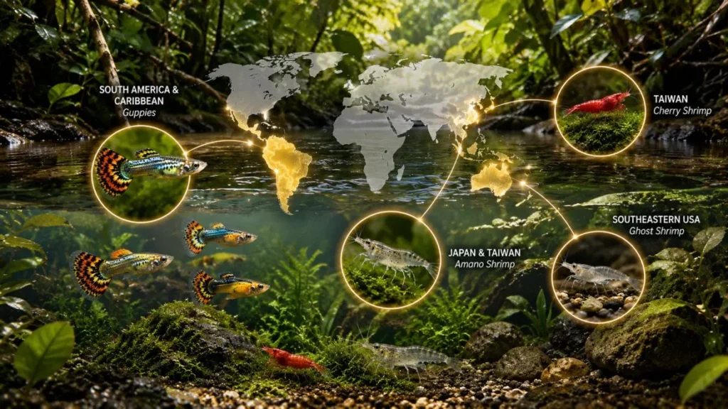 guppies and shrimp: where it come from?