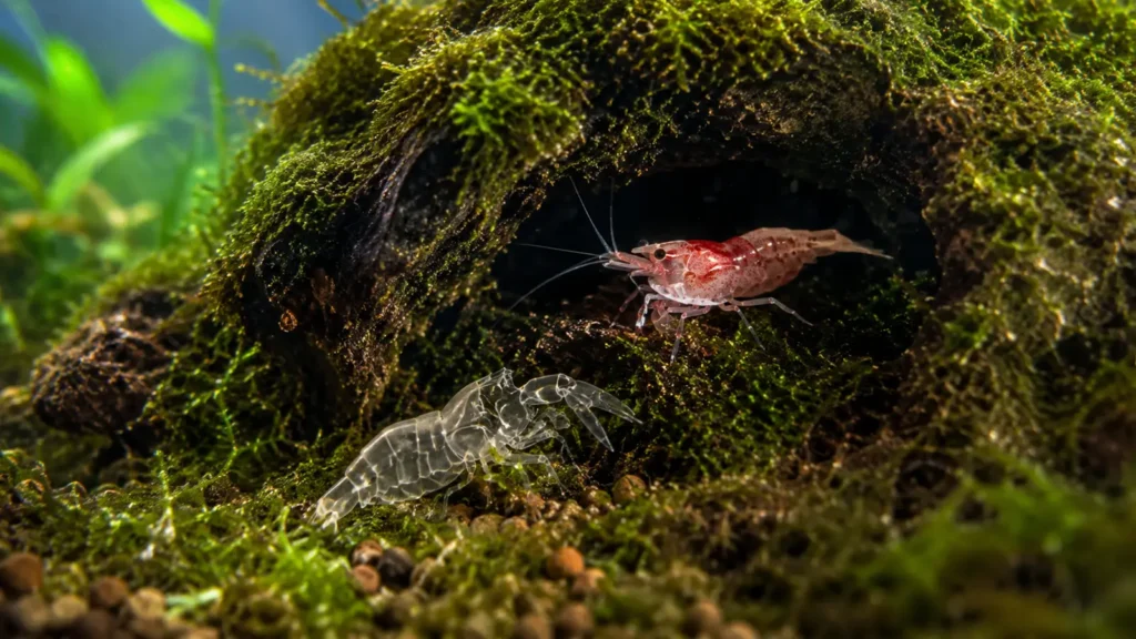 Ghost shrimp molted exoskeleton next to the shrimp in a planted tank