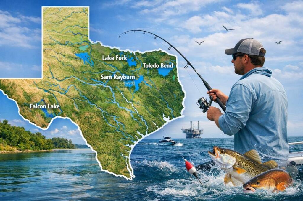 texas fishing map showing freshwater lakes and gulf coast saltwater fishing