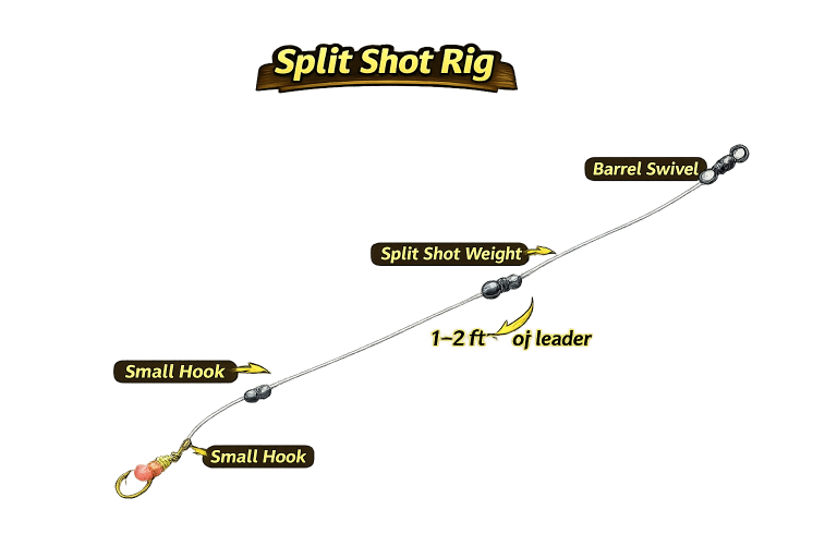 Split shot rig setup for trout fishing