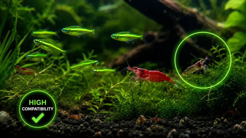 Green Neon Tetra and Shrimp