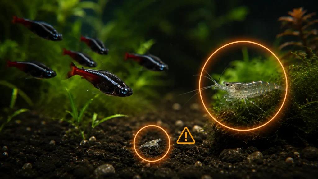 black neon tetra and shrimp