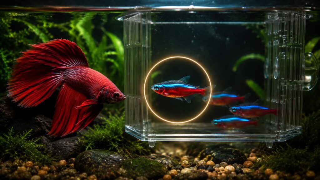 female betta with neon tetras