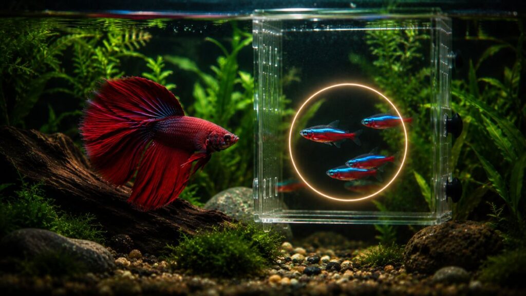 female betta with neon tetras