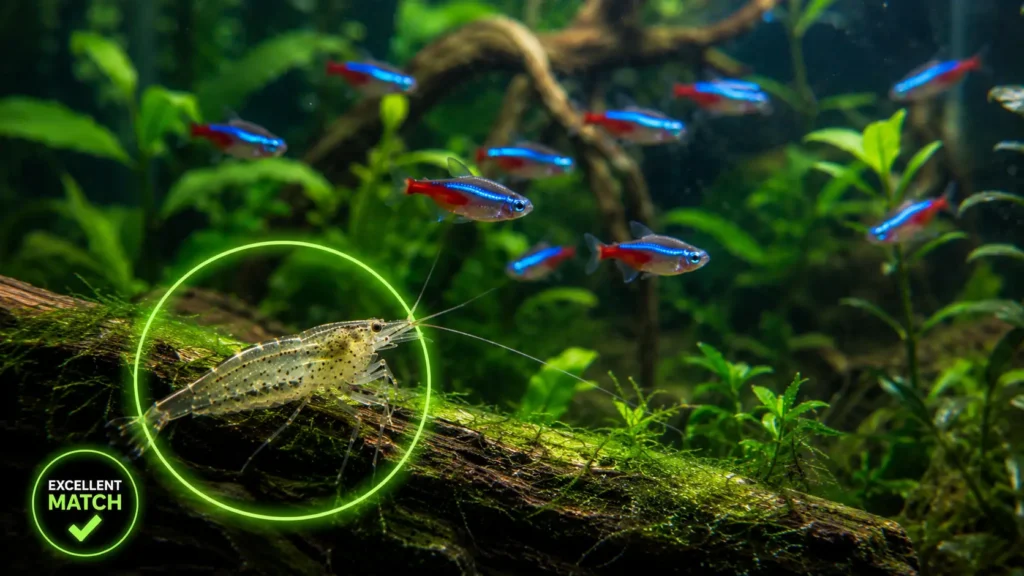 Amano Shrimp with Neon Tetras