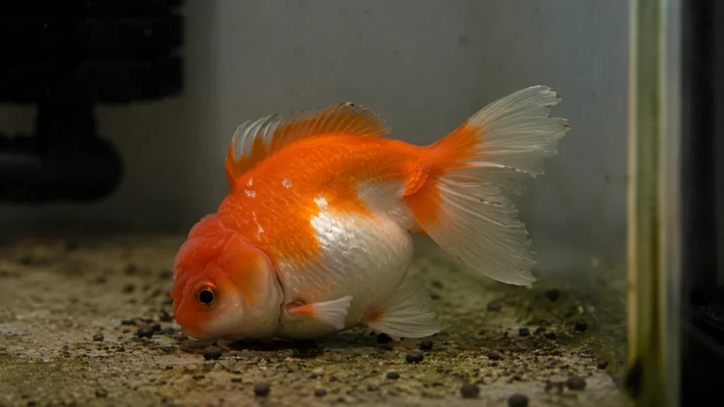 sick goldfish sitting on bottom of tank