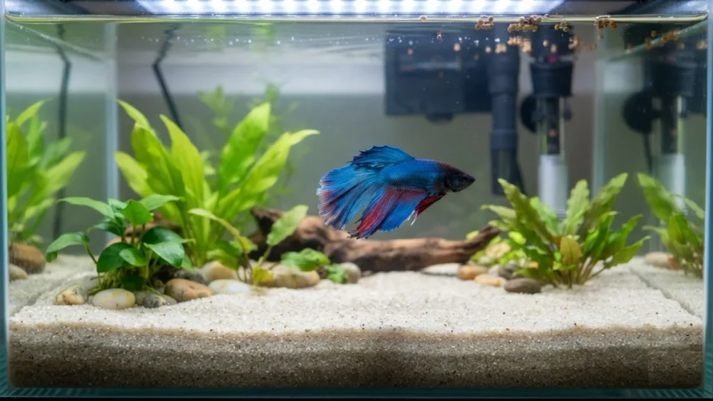 A vibrant blue and red betta fish swimming in a freshwater aquarium featuring a thin layer of fine white sand substrate, live green plants, and drift wood.