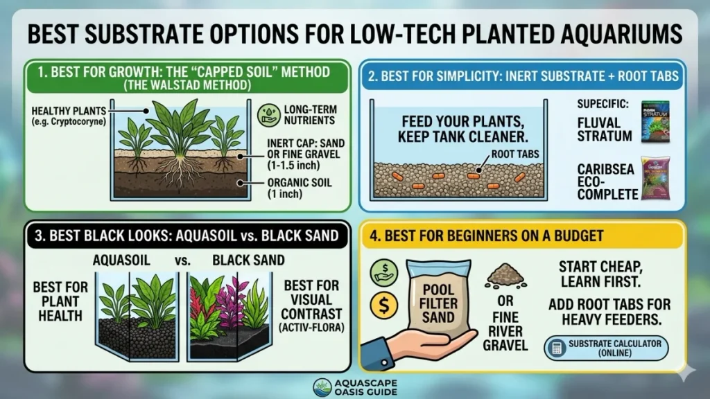 An educational breakdown infographic detailing the best substrate options for low tech planted aquariums. Includes a side-by-side comparison of the capped-soil method and inert sand with root tabs, highlighting black aquasoil for visual contrast, beginner budget options, and a structural maintenance warning against vacuuming the cap.