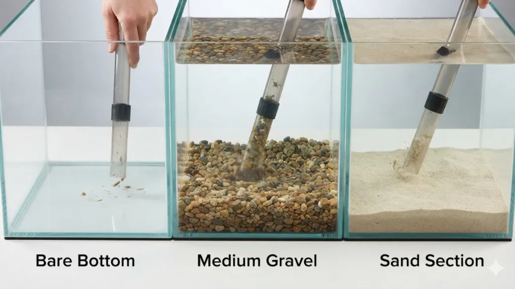 Side-by-side comparison of cleaning a bare bottom tank, medium gravel, and aquarium sand with a siphon vacuum.