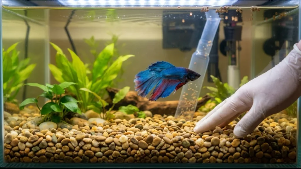 A blue and red betta fish swimming over a smooth, rounded river pebble gravel substrate in a planted freshwater aquarium