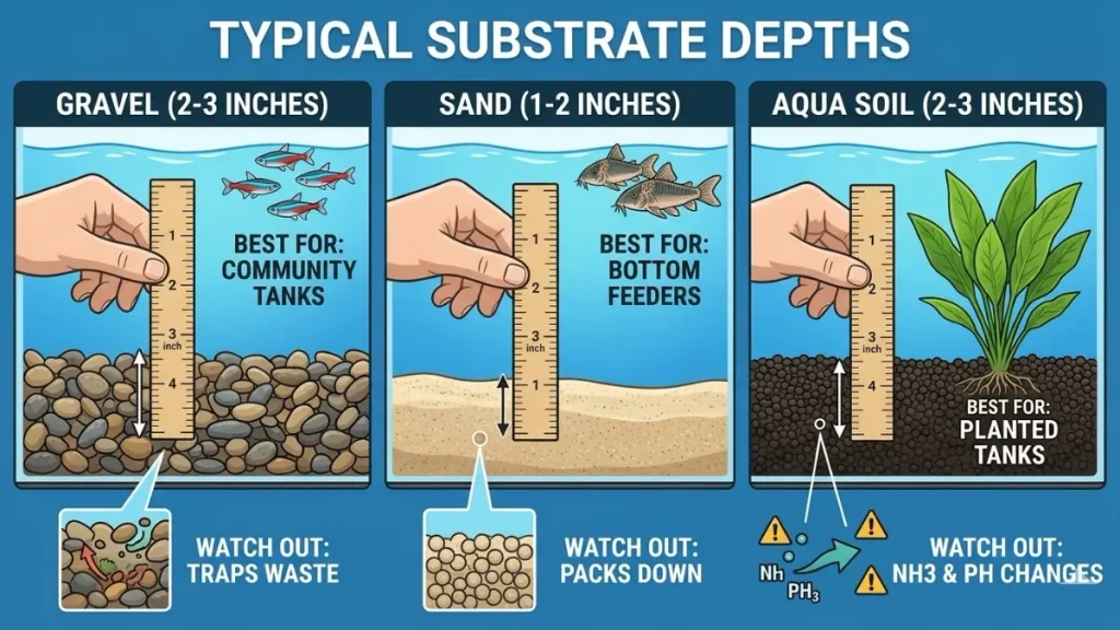A 1200x675 infographic comparison titled Typical Substrate Depths showing ideal depths for three aquarium substrates. Gravel section shows a 2 to 3 inch layer measured by a ruler, noting it is best for community tanks but traps waste. Sand section shows a 1 to 2 inch layer, noting it is best for bottom feeders but packs down. Aqua soil section shows a 2 to 3 inch layer, noting it is best for planted tanks but has ammonia and pH changes at first.