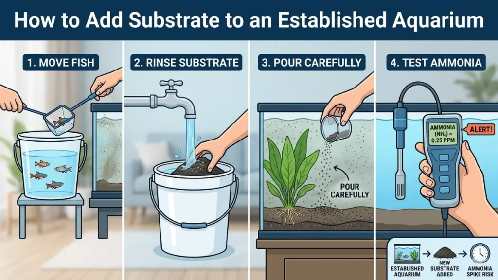 A 4-step diagram showing how to add substrate to an established aquarium. Step 1 shows netting fish into a separate bucket. Step 2 shows rinsing the new substrate under a faucet. Step 3 shows carefully pouring substrate underwater using a cup away from live plants. Step 4 shows an ammonia testing digital meter warning of spike risks.