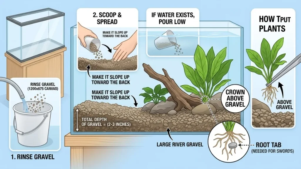 • Step-by-step visual guide on how to put gravel in an aquarium. Shows rinsing gravel in a bucket, sloping it upward toward the back of the tank, pouring through a cup if water exists, and using tweezers to plant live greenery with the plant crown kept strictly above the substrate along with a root tab.