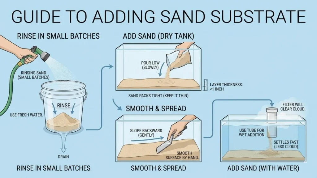 • Step-by-step diagram showing how to put sand substrate in an aquarium. Infographic covers rinsing sand in small batches, pouring it slowly from a low height in a dry tank to keep the layer thin, smoothing it by hand, and using a tube to safely add sand into a tank with water to minimize cloudiness.