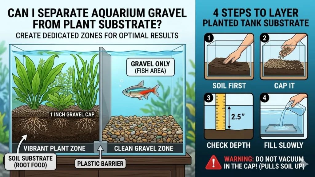 A detailed cross-section infographic illustrating how to separate aquarium gravel from plant substrate. It shows a clear plastic barrier dividing a gravel-only zone from a zoned plant soil base capped with sand, highlighting a 4-step layering guide and a gravel vacuum maintenance warning