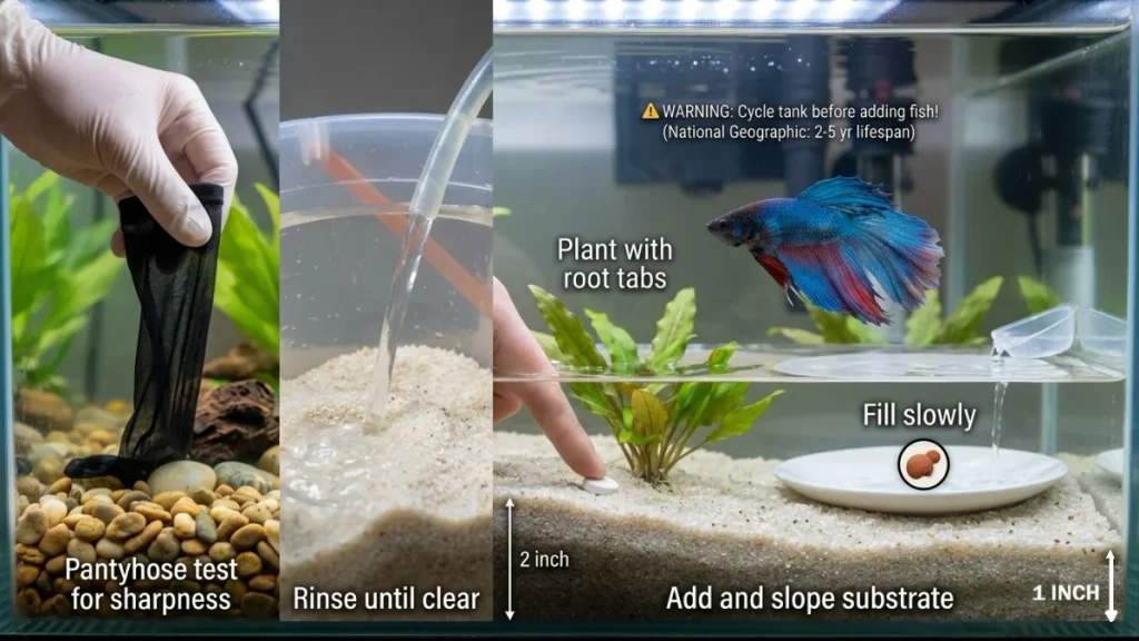 A step-by-step visual guide for setting up a betta fish tank substrate, showing substrate testing, rinsing sand, creating a sloped 1-2 inch base, inserting root tabs, and filling the tank using a plate.