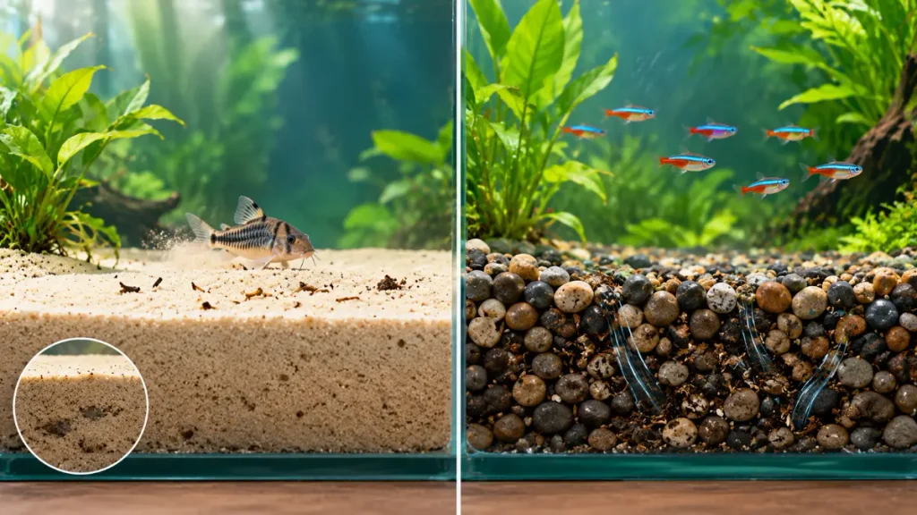 Side-by-side cutaway of a sand aquarium and a gravel aquarium, showing waste on top of the sand and debris sinking into the gravel.