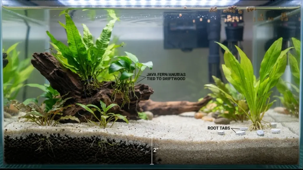 A planted betta fish aquarium showing an Amazon Sword plant rooted in a sand substrate with root tabs, next to Java Fern and Anubias attached to natural driftwood.
