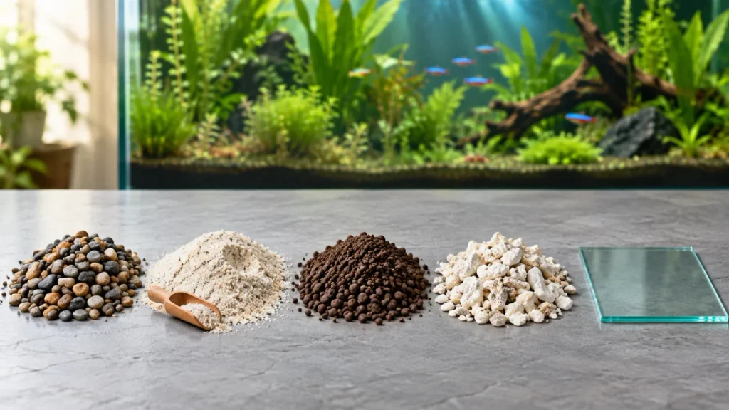 Five aquarium substrate types shown side by side: gravel, sand, aquasoil, crushed coral, and bare glass bottom.