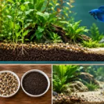 Cutaway view of what is aquarium substrate, and an aquarium showing gravel, sand, and aquasoil substrate layers