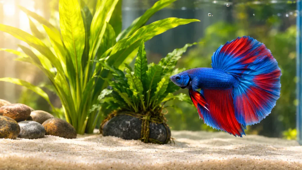 A blue and red halfmoon betta fish swimming over a thin layer of fine pale sand in a planted freshwater aquarium with an Amazon sword plant and smooth river pebbles.