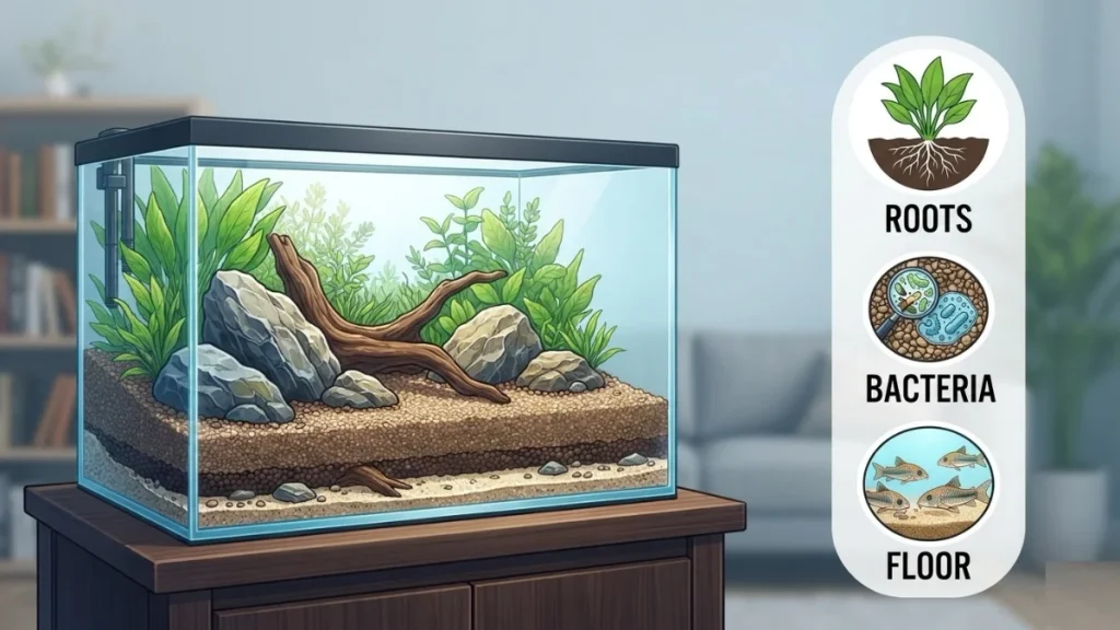 Cross-section diagram showing where to put substrate in an aquarium. Large rocks and driftwood sit directly on the glass tank bottom, covered by layered gravel and sand to anchor live plants.