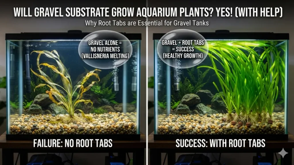 An educational infographic comparing healthy aquarium plants fed with root tabs in a gravel substrate versus a melted translucent Vallisneria plant lacking nutrients